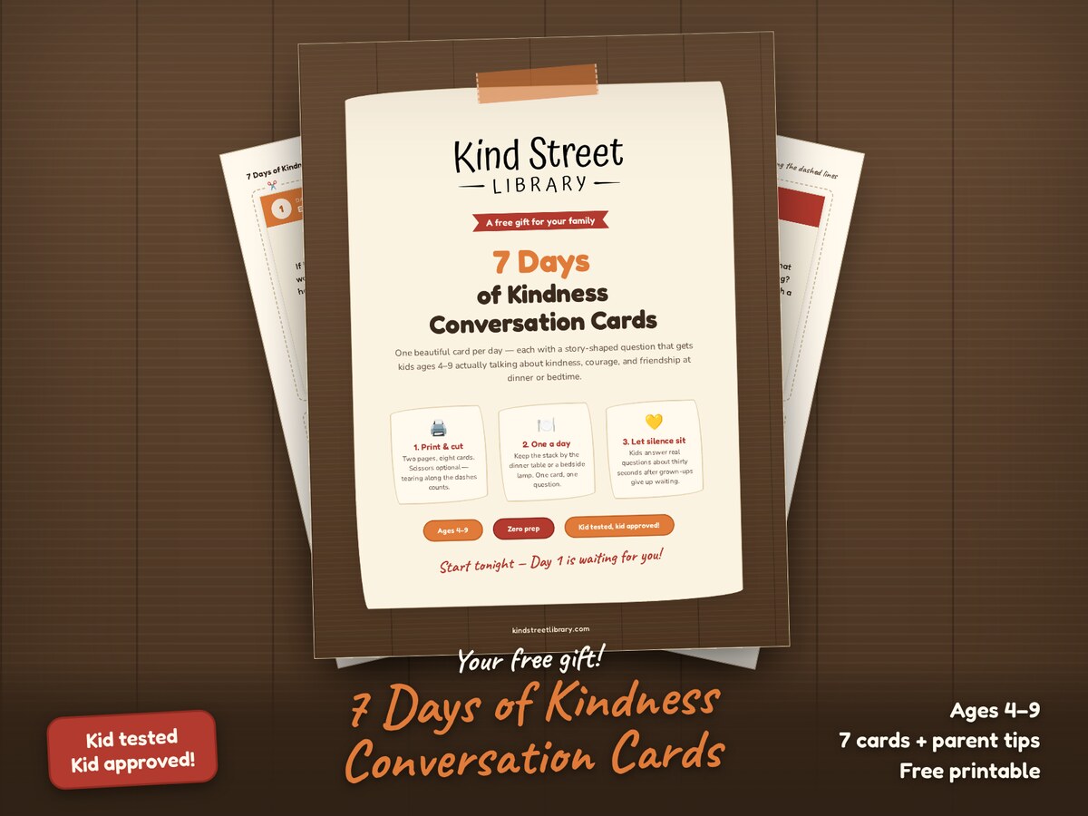 What you'll get: the 7 Days of Kindness Conversation Cards printable, with its storybook cover and two pages of colorful cut-apart question cards fanned out on a wooden table