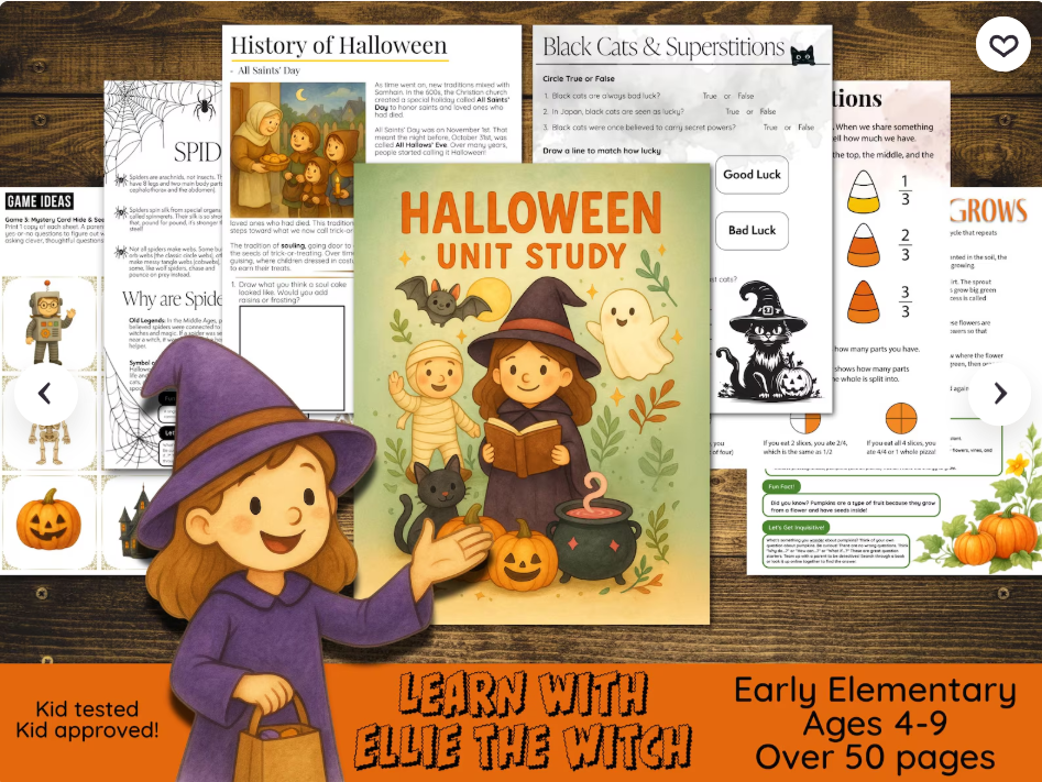 Learn with Ellie the Witch Halloween homeschool unit study cover: friendly hand-drawn witch with overlapping printable activity pages