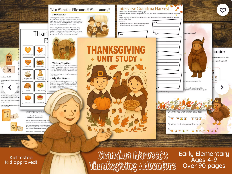 Grandma Harvest's Thanksgiving Adventure homeschool unit study cover: warm hand-drawn autumn scene with overlapping printable activity pages